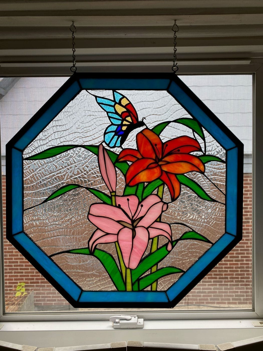 Lilies & Butterfly Octagon Stained Glass Panel