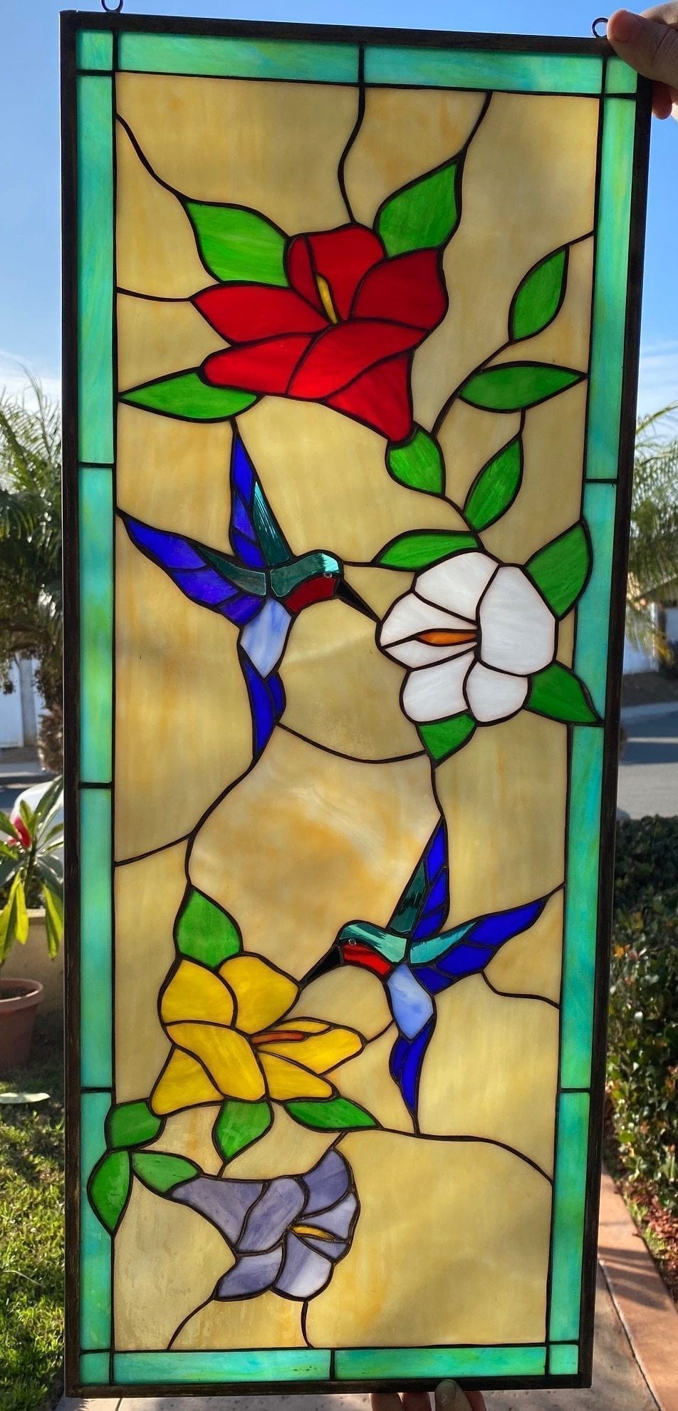Elegant Hummingbird Flower Stained Glass Window