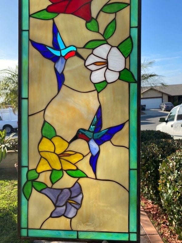 Elegant Hummingbird & Flower Stained Glass Window