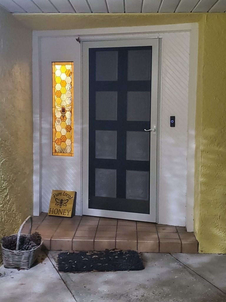 Bee and Honey Stained Glass sealed within tempered glass, shipped to FL