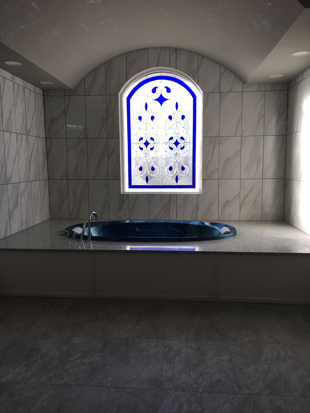 Arched top Stained Glas Window using white background glass for total privacy
