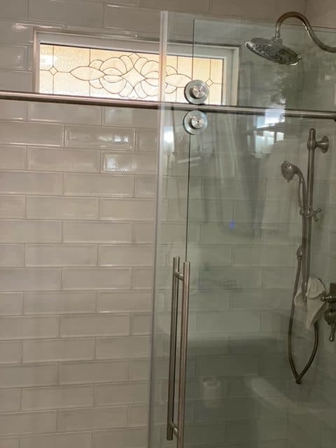 Before and After Stained Glass in vinyl frame for a Bathroom restoration