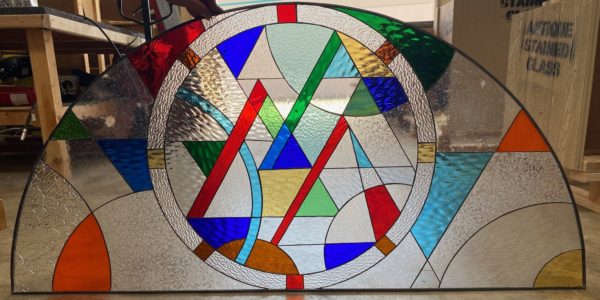 Large Colorful Abstract Arch Stained Glass Window Panel