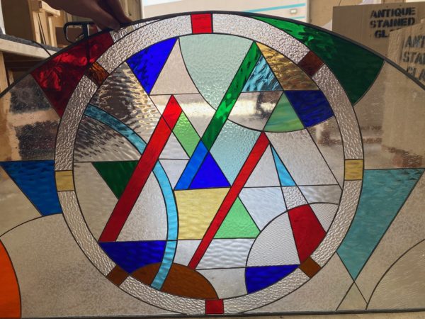 Large Colorful Abstract Arch Stained Glass Window Panel