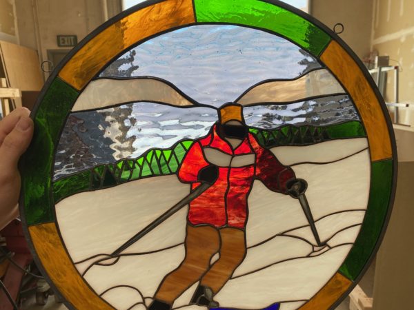 Stained Glass Skier Window Panel