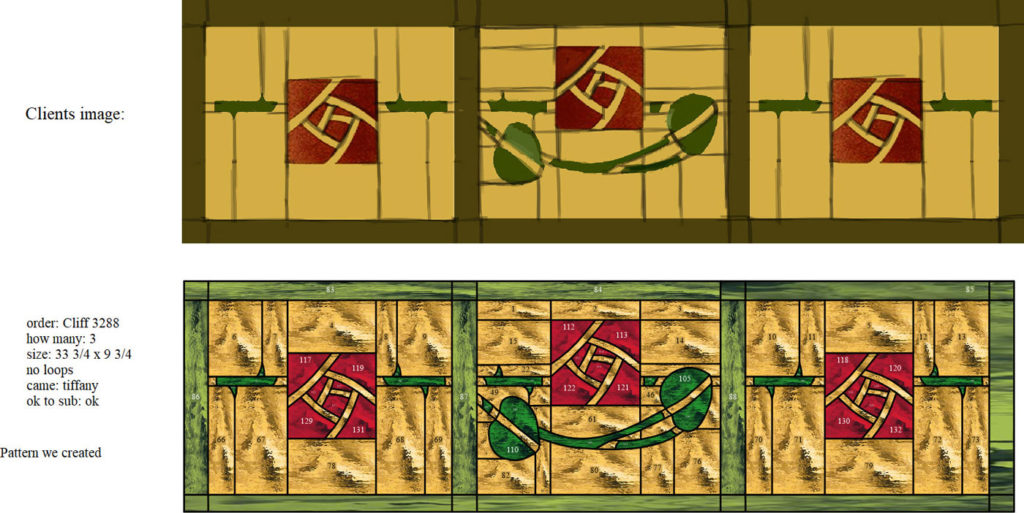 A comparison image showing a client's concept sketch above and the detailed, numbered pattern below for three horizontal stained glass transom panels. The design features abstract red square motifs resembling roses with intertwined lines, connected by green vine-like elements against a textured amber background, highlighting the progression from initial idea to buildable pattern.