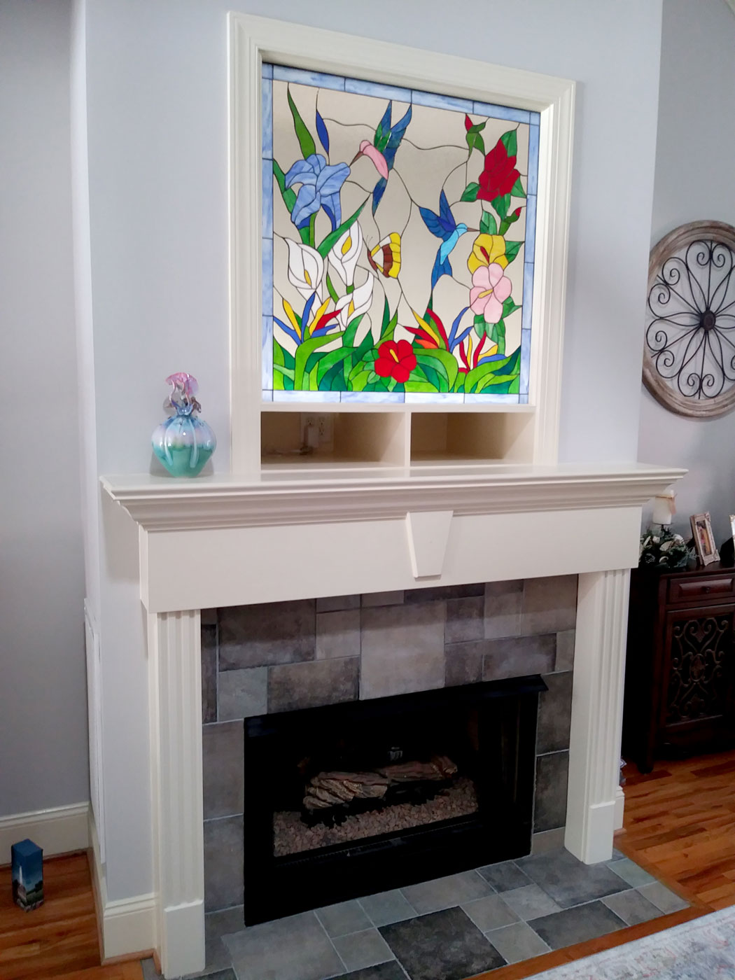 Elegant! Hummingbird, Butterfly & Flowers Leaded Stained Glass Window Panel installed over a chimney