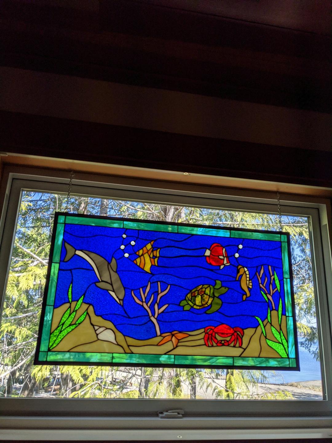 Sealife Stained Glass Window Hung with Hooks and Chains