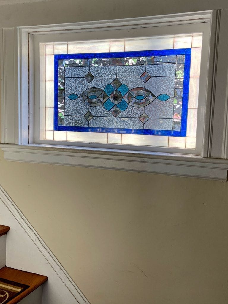 Before and After Stained Glass installed for privacy and improving the appearance