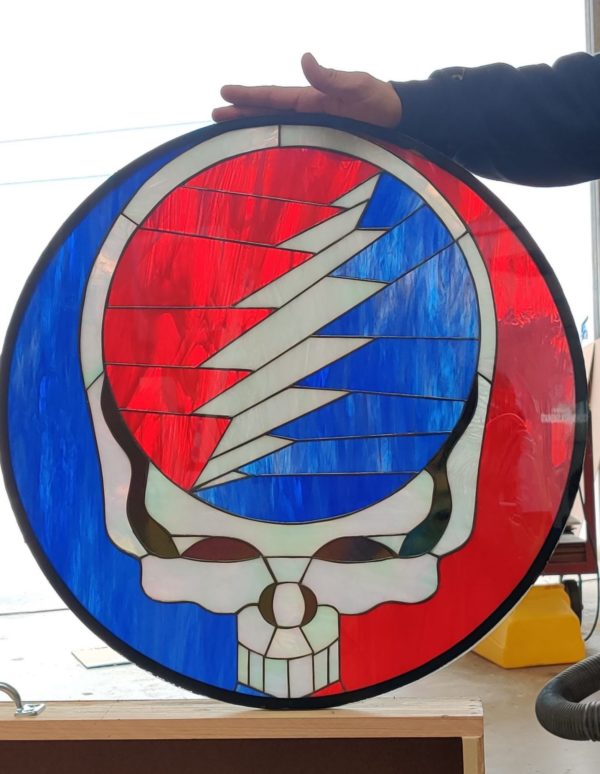 The "Grateful Dead" Triple Paned (insulated for mounting in place and weatherproof) Circle Stained Glass Window