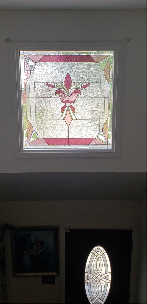 Large Clear Beveled Transom Window with a touch of Pink