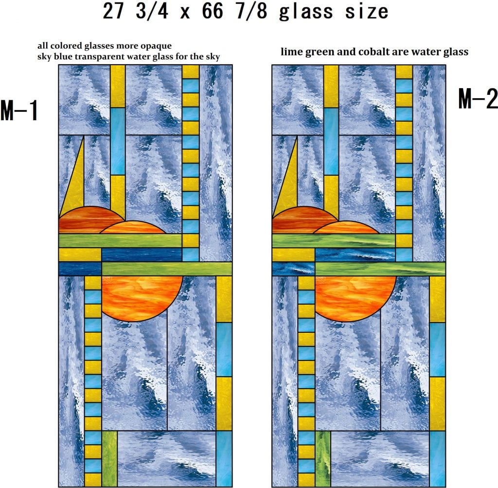 A pair of identical rectangular stained glass panels, M-1 and M-2, depicting an abstract geometric sunrise or sunset over water. Each panel features a textured sky blue 'water glass' background, vibrant orange semi-circles, horizontal bands of green and cobalt blue, and vertical and triangular elements in yellow and light blue. The colored glasses are opaque, contrasting with the transparent water glass sections.