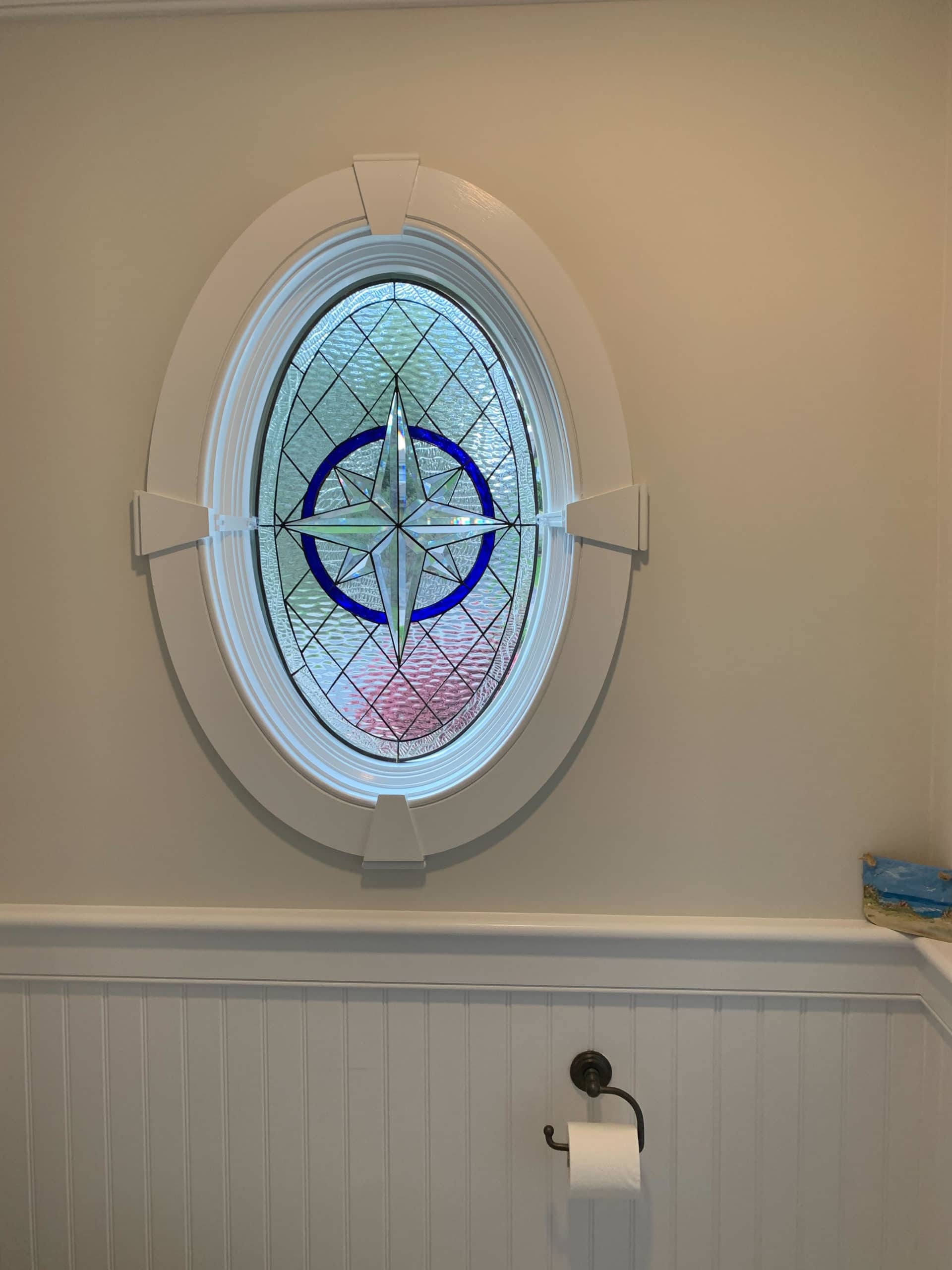 The “Maywood” Leaded Stained Glass Installed in a Bathroom