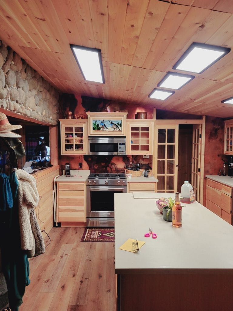 A rectangular stained glass panel set into a light wood kitchen cabinet. The panel depicts two desert quail birds, one standing and one pecking, amidst green cactus plants with a light blue background, showcasing intricate leaded lines.