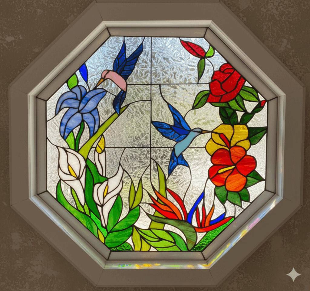 An octagonal leaded stained glass window depicting a vibrant tropical floral scene with two blue hummingbirds, white calla lilies, red hibiscus, orange bird of paradise, and a blue iris, set against a textured clear privacy glass background within a white frame.