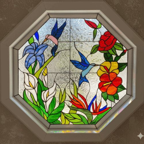 An octagonal leaded stained glass window depicting a vibrant tropical floral scene with two blue hummingbirds, white calla lilies, red hibiscus, orange bird of paradise, and a blue iris, set against a textured clear privacy glass background within a white frame.