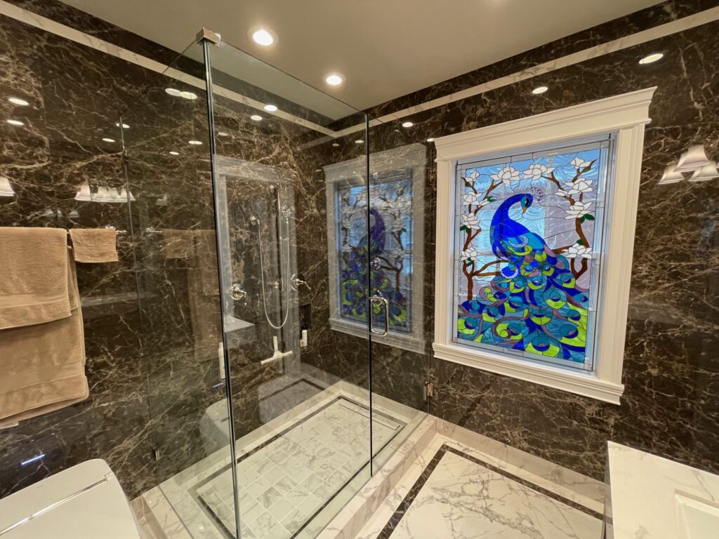Amazing Peacock and tree - installed, stained glass