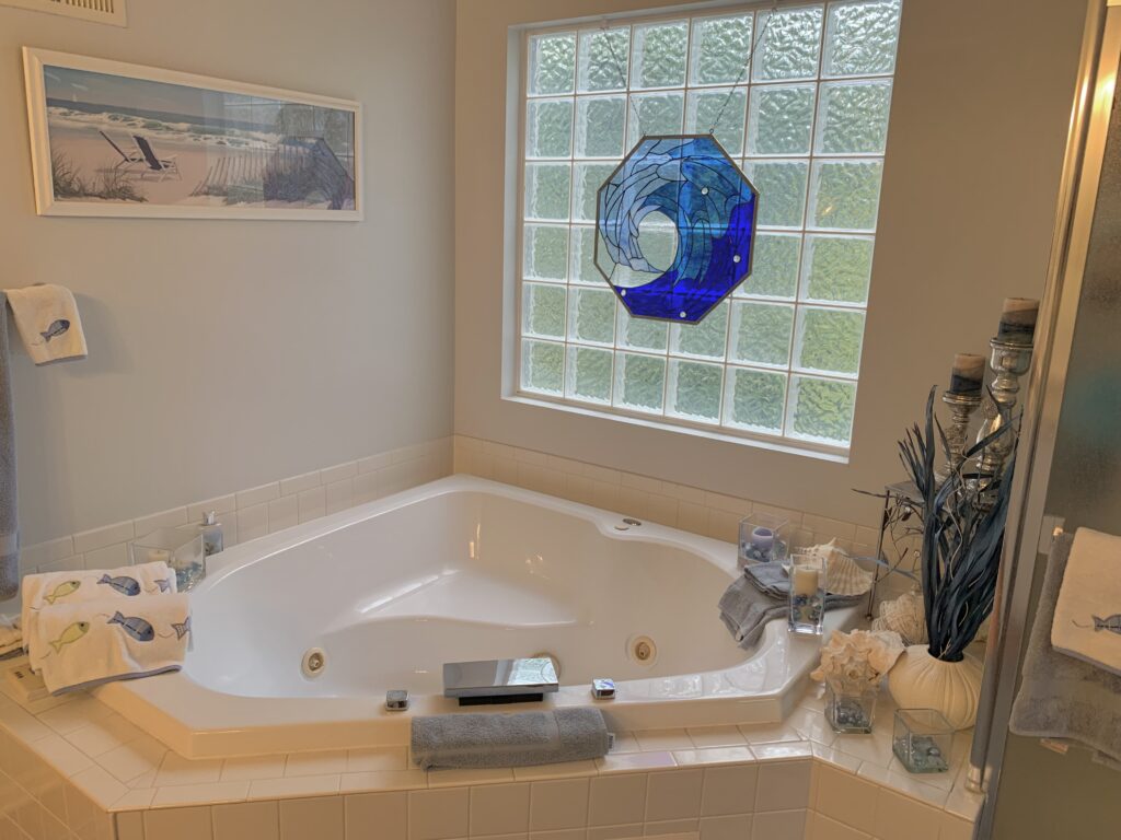 Octagonal Shaped Cresting Wave Stained Glass Hung with hooks and Chains