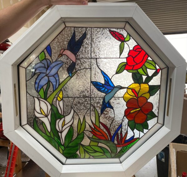Octagonal Hummingbird Paradise Stained Glass Window Insert Panel - Vinyl Framed and Insulated