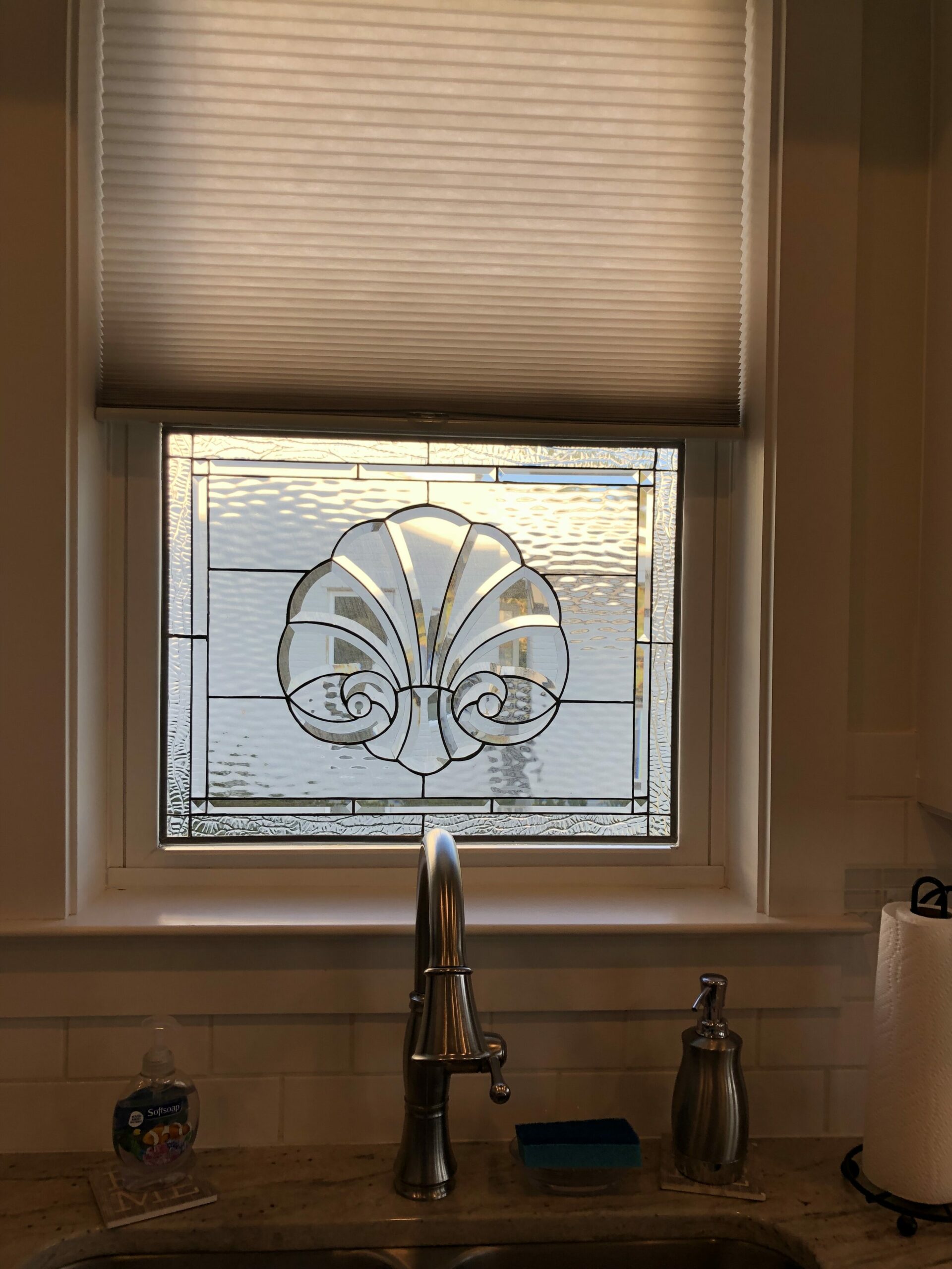 Beveled Scallop Shell Stained Glass Installed in a kitchen window