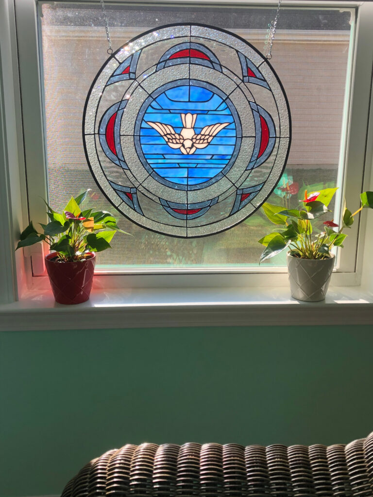 Abstract Dove Stained Glass Window Panel Installed