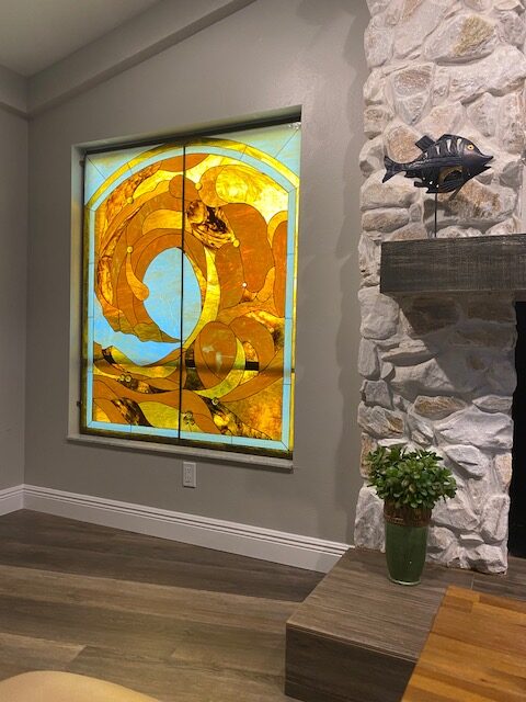 Beautiful Golden Cresting Ocean Wave Stained Glass