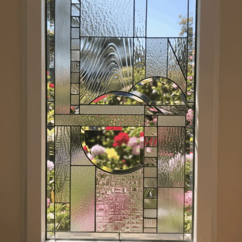 A rectangular, vinyl-framed insulated window with an abstract, geometric stained glass panel inside. The panel is a collage of many different types of clear, textured, and beveled glass.