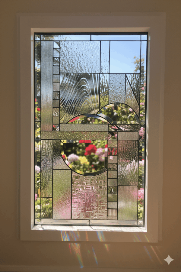 A rectangular, vinyl-framed insulated window with an abstract, geometric stained glass panel inside. The panel is a collage of many different types of clear, textured, and beveled glass.