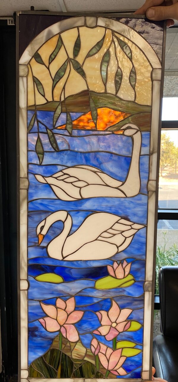 Swans & Lily Pads Stained Glass Window Panel
