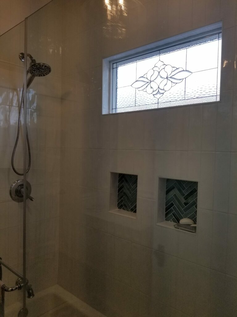 Gorgeous! The “Danville” Beveled & Leaded Stained Glass Window Panel installed in a Bathroom