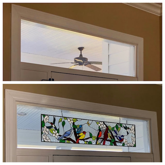 Before and After - Birds gathering Stained Glass hung with Hooks and chains