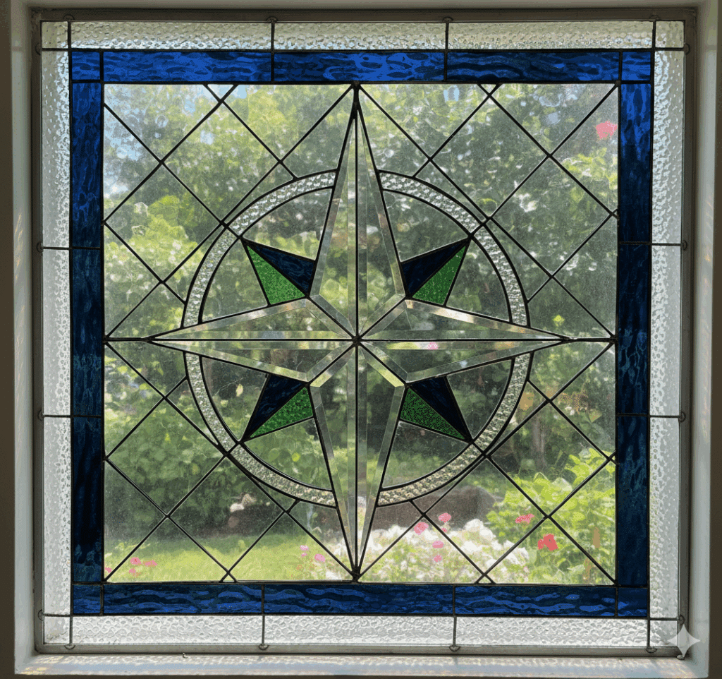 A square stained glass panel featuring a central beveled clear glass compass rose with blue and green colored accents. The background is clear diamond-patterned leaded glass, framed by a border of textured blue and clear glass.