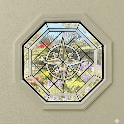 An octagonal stained glass window featuring a large, beveled glass compass star at its center. The star is set against a background of a clear, textured diamond lattice pattern, and the entire panel is made from clear glass.