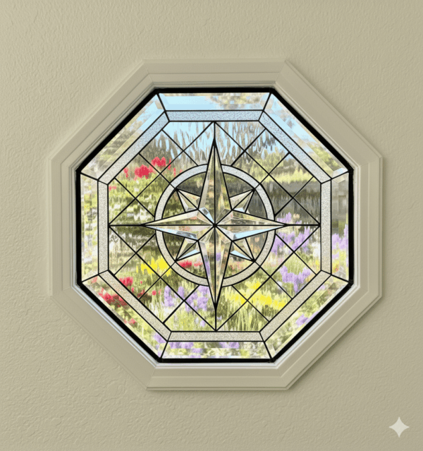 An octagonal stained glass window featuring a large, beveled glass compass star at its center. The star is set against a background of a clear, textured diamond lattice pattern, and the entire panel is made from clear glass.