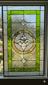 A rectangular stained glass panel featuring a vibrant lime green geometric border and a central golden-amber circle enclosing a clear bevel cluster, surrounded by various clear textured glass.