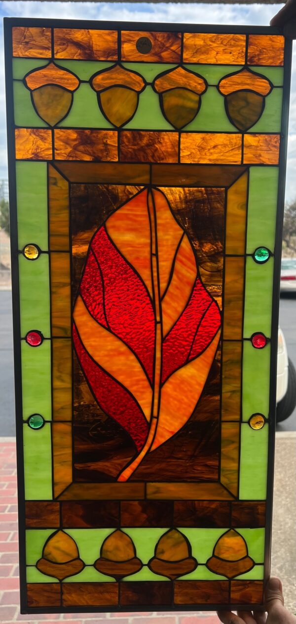 Vibrant Autumn Oak Leaf & Acorn Stained Glass Window Panel