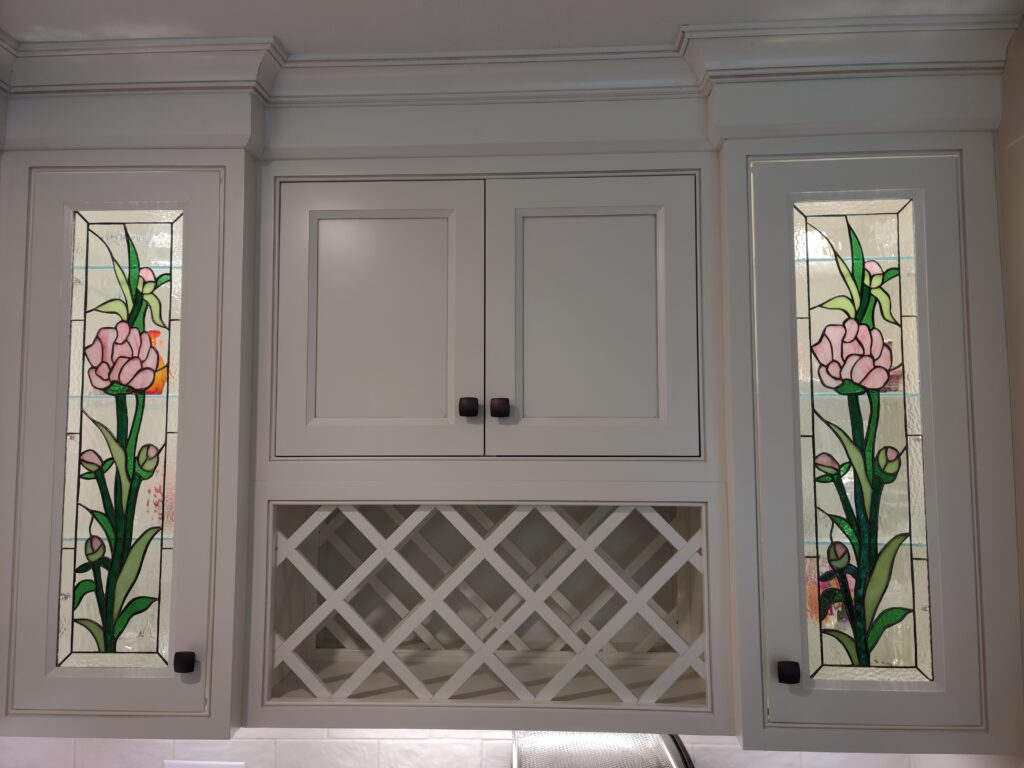 Installed stained glass in cabinets