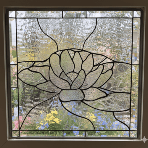 A square stained glass window depicting a large lotus flower on a lily pad. The entire design is made from different types of clear, textured privacy glass, with the flower having a finer texture than the frosty background.