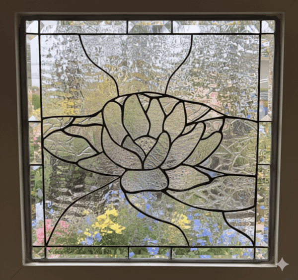 A square stained glass window depicting a large lotus flower on a lily pad. The entire design is made from different types of clear, textured privacy glass, with the flower having a finer texture than the frosty background.
