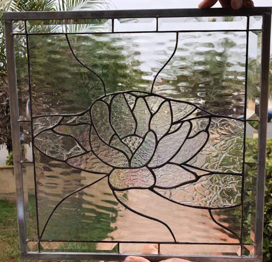 The "Lily Pad and Lotus Flower " Leaded stained Glass Window Panel