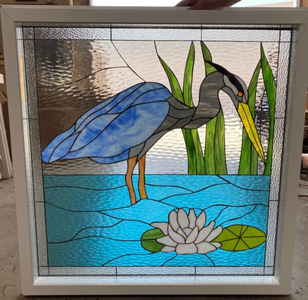 The "Great Blue Heron" Stained Glass Beveled Clear Textured Vinyl Framed and Insulated