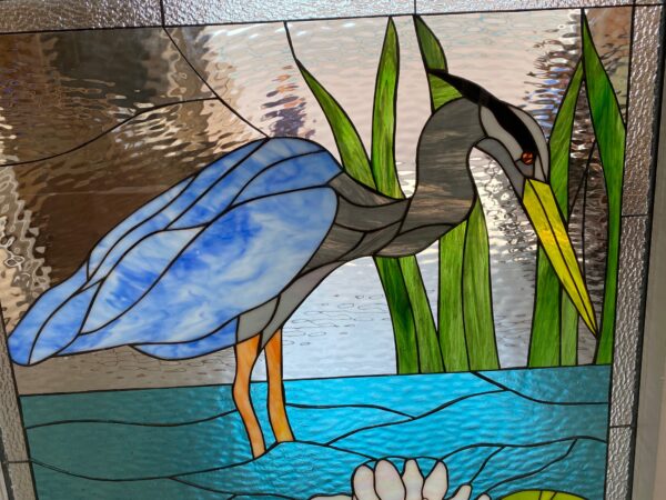 The "Great Blue Heron" Stained Glass Beveled Clear Textured Vinyl Framed and Insulated
