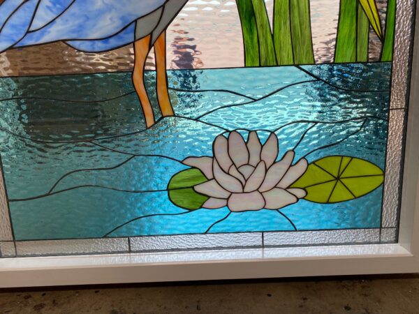 The "Great Blue Heron" Stained Glass Beveled Clear Textured Vinyl Framed and Insulated