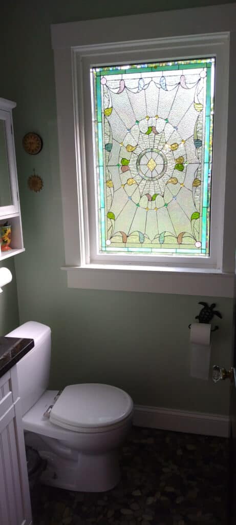 Breathtaking! “Teardrops & Jewels” Stained Glass Window Installed in a Bathroom