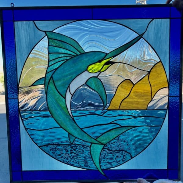 Thrashing Marlin in Cabo San Lucas Stained Glass Window Panel