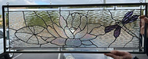 The Elegant Lotus, Lily & Dragonfly Stained Glass Window Panel