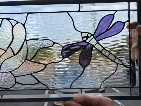 The Elegant Lotus, Lily & Dragonfly Stained Glass Window Panel