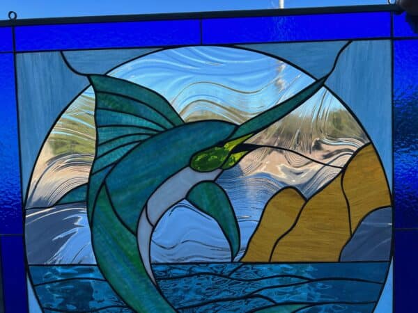 Thrashing Marlin in Cabo San Lucas Stained Glass Window Panel