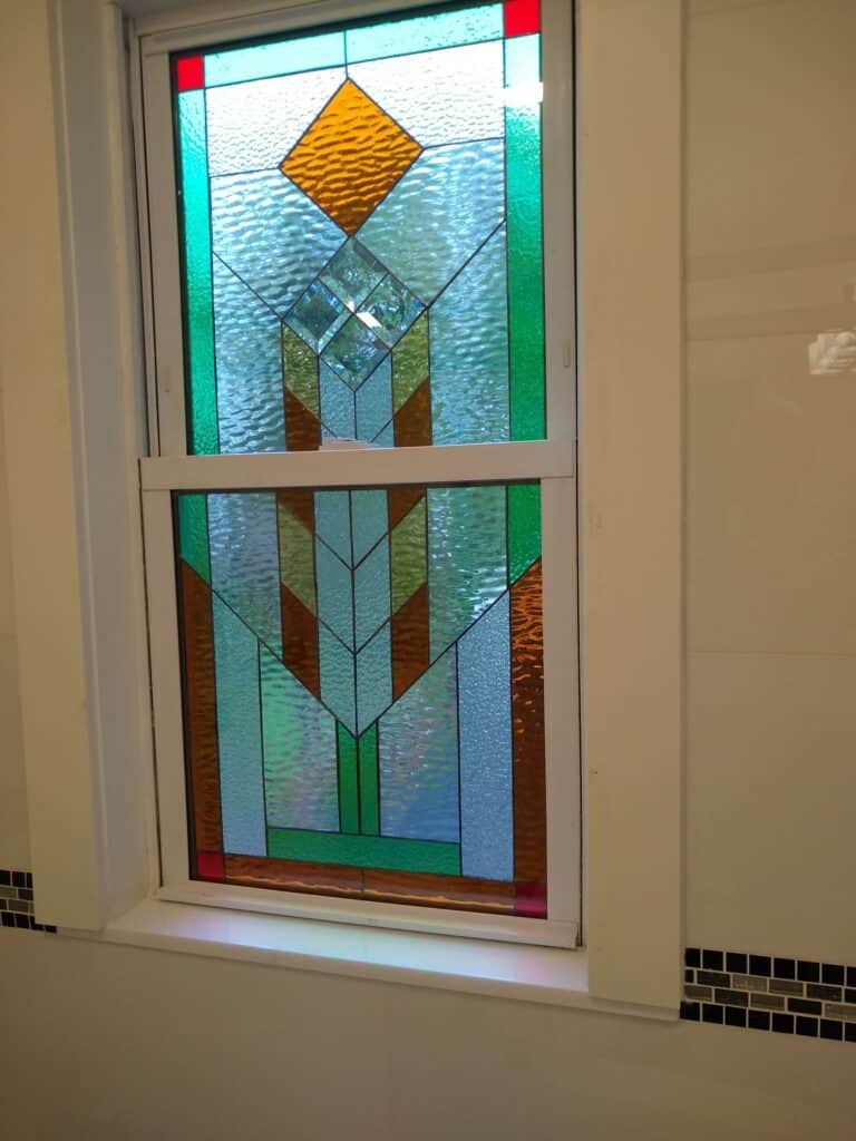 Mission Prairie Style Stained Glass Installed in a Shower