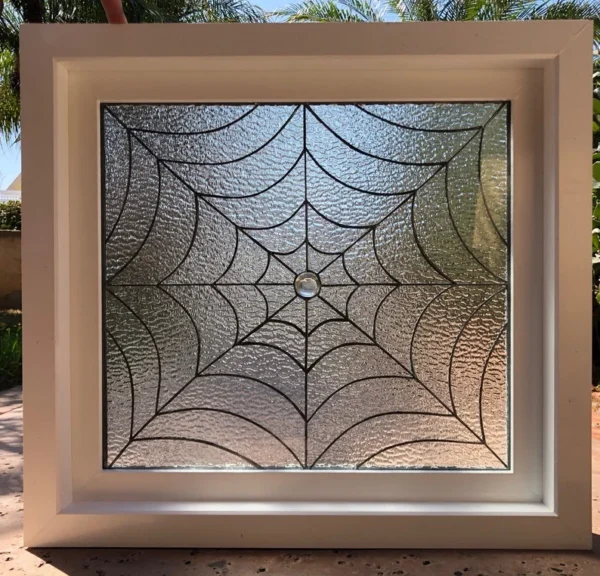 Unique Spider Web Stained Glass Beveled Clear Textured Vinyl Framed and Insulated